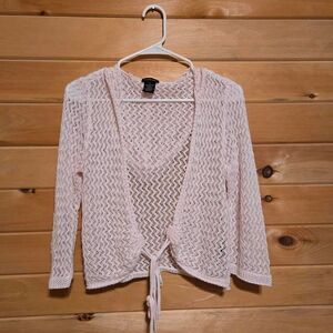 Calvin Klein Pastel Pink Crochet Knit Feminine Dainty Hooded Cardigan Sweater
